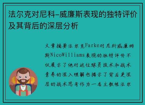 法尔克对尼科-威廉斯表现的独特评价及其背后的深层分析