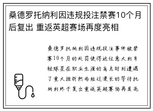 桑德罗托纳利因违规投注禁赛10个月后复出 重返英超赛场再度亮相